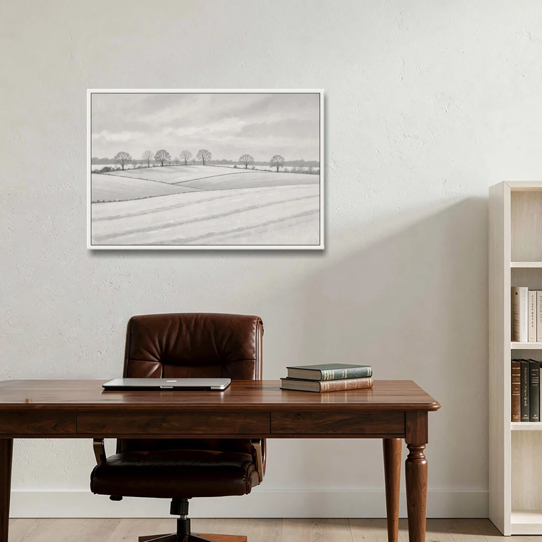 Black and White Landscape Painting of Snowy Fields - White Framed Canvas Wall Art - Office - 36x24