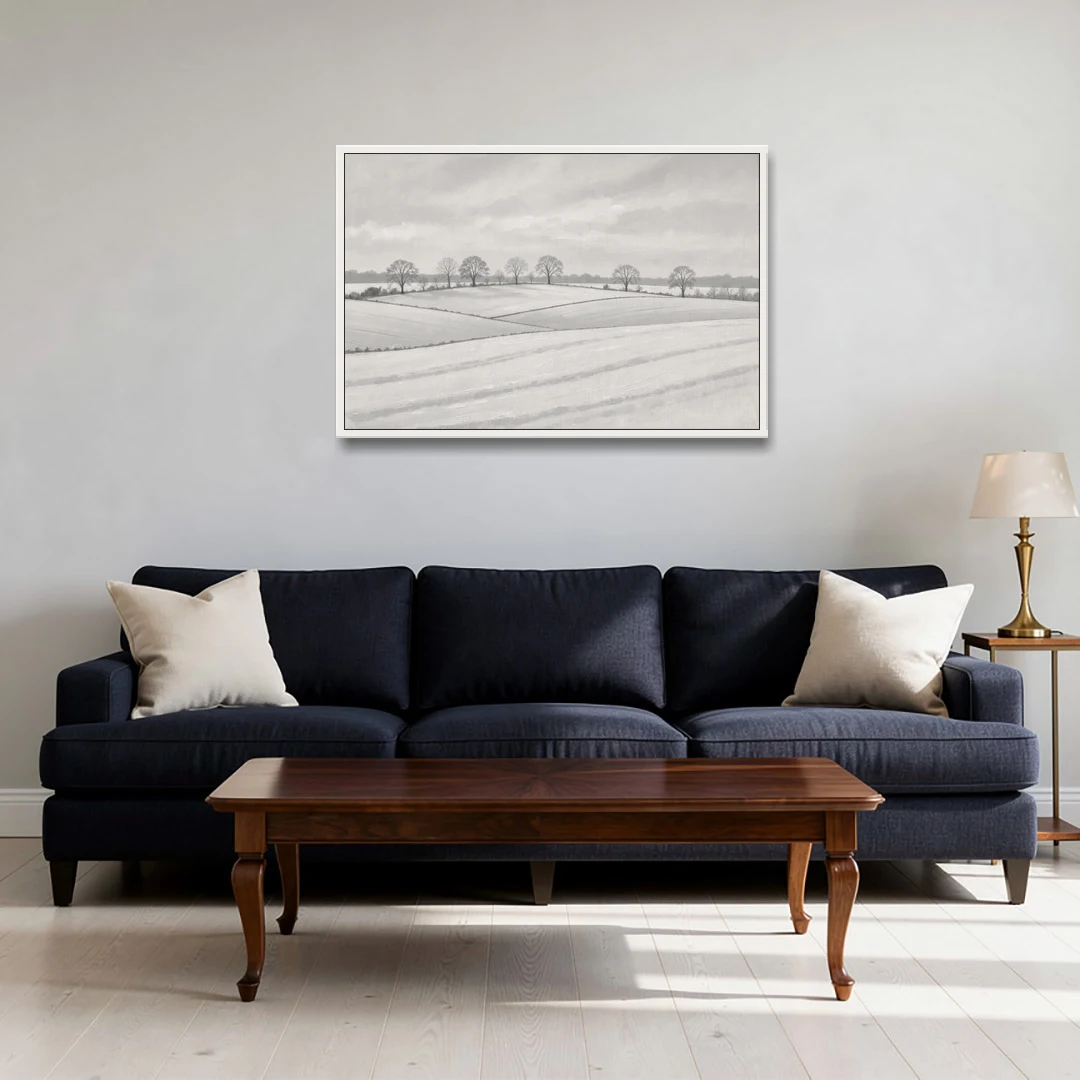 Black and White Landscape Painting of Snowy Fields - White Framed Canvas Wall Art - Sofa - 36x24