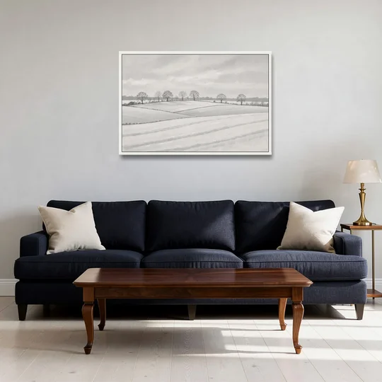 Black and White Landscape Painting of Snowy Fields - White Framed Canvas Wall Art - Sofa - 36x24