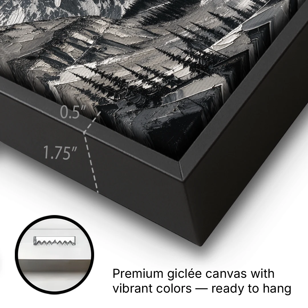 Black and White Landscape Wall Art of Alpine Peaks - Black Framed Canvas Wall Art - Gallery Wrap Corner