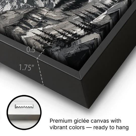Black and White Landscape Wall Art of Alpine Peaks - Black Framed Canvas Wall Art - Gallery Wrap Corner