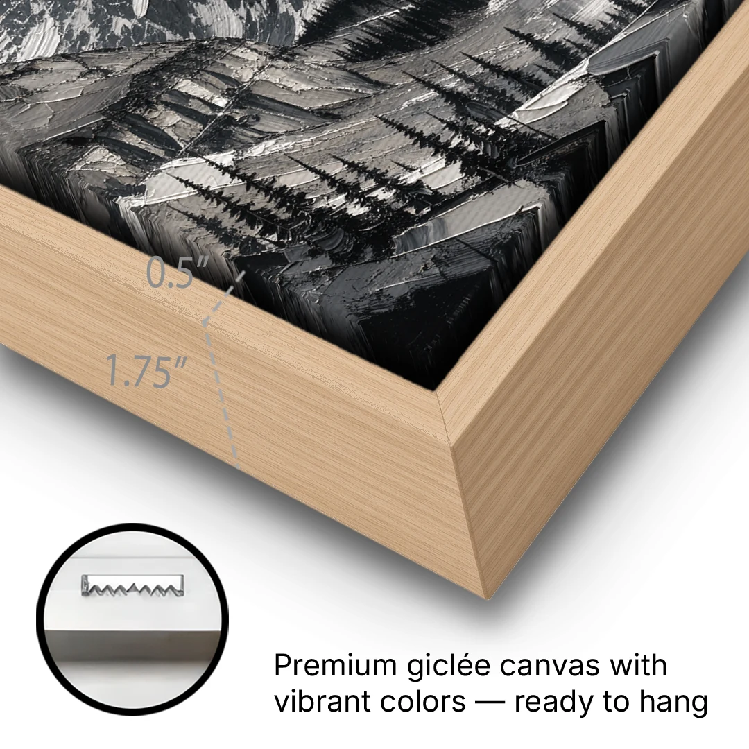 Black and White Landscape Wall Art of Alpine Peaks - Oak Framed Canvas Wall Art - Gallery Wrap Corner