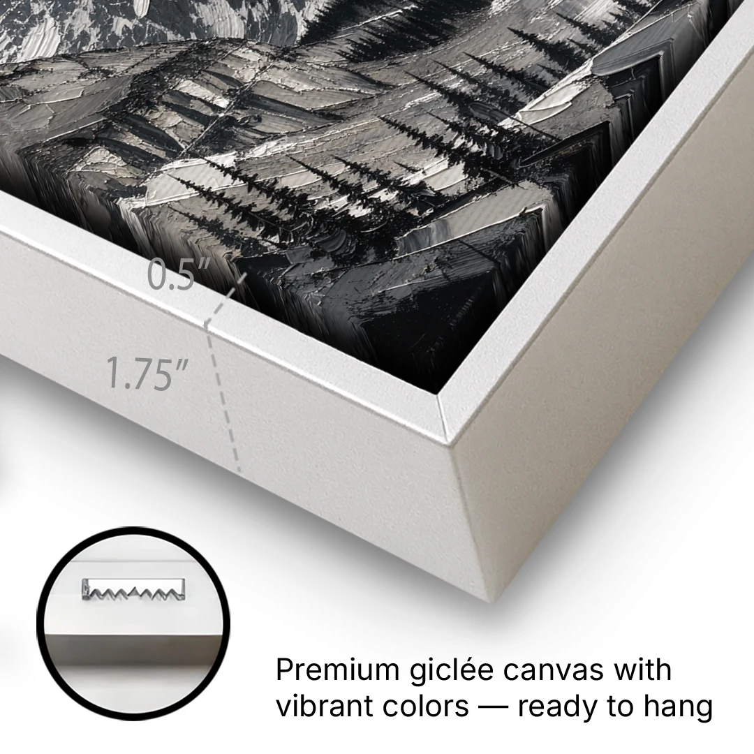 Black and White Landscape Wall Art of Alpine Peaks - White Framed Canvas Wall Art - Gallery Wrap Corner