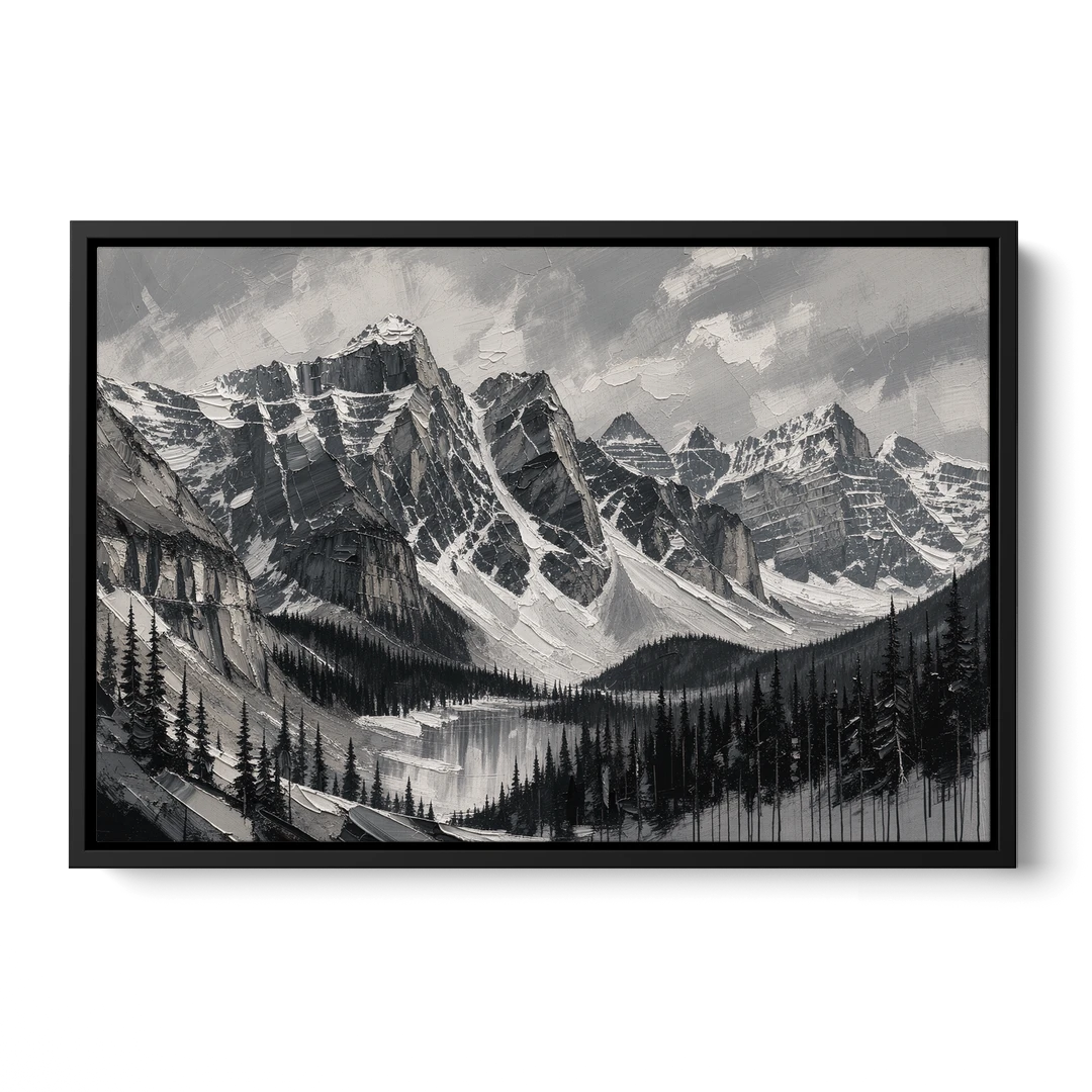 Black and White Landscape Wall Art of Alpine Peaks - Black Framed Canvas Wall Art - Front