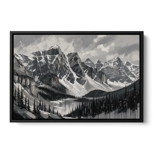 Black and White Landscape Wall Art of Alpine Peaks - Black Framed Canvas Wall Art - Front