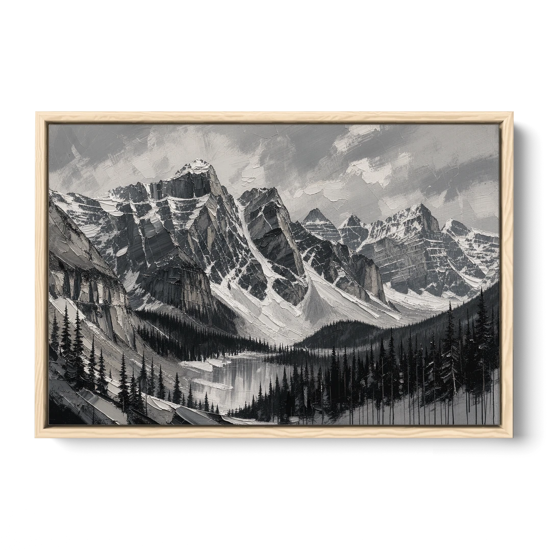 Black and White Landscape Wall Art of Alpine Peaks - Oak Framed Canvas Wall Art - Front