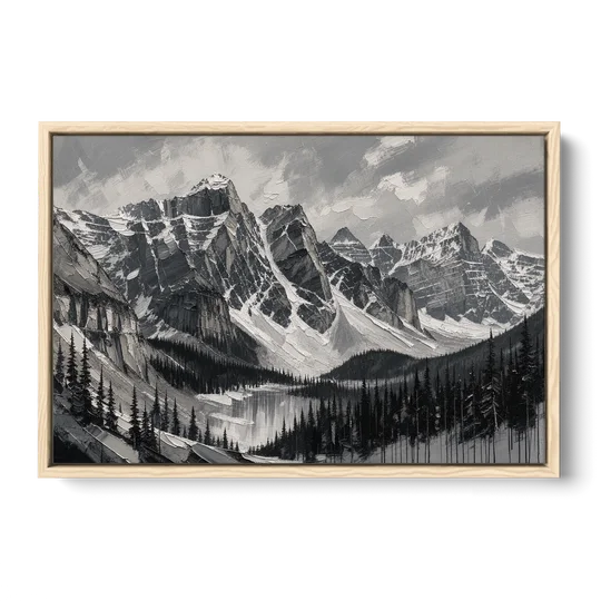 Black and White Landscape Wall Art of Alpine Peaks - Oak Framed Canvas Wall Art - Front