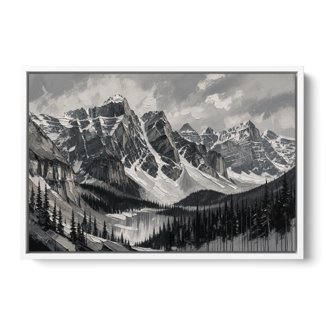 Black and White Landscape Wall Art of Alpine Peaks - White Framed Canvas Wall Art - Front