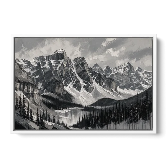 Black and White Landscape Wall Art of Alpine Peaks - White Framed Canvas Wall Art - Front