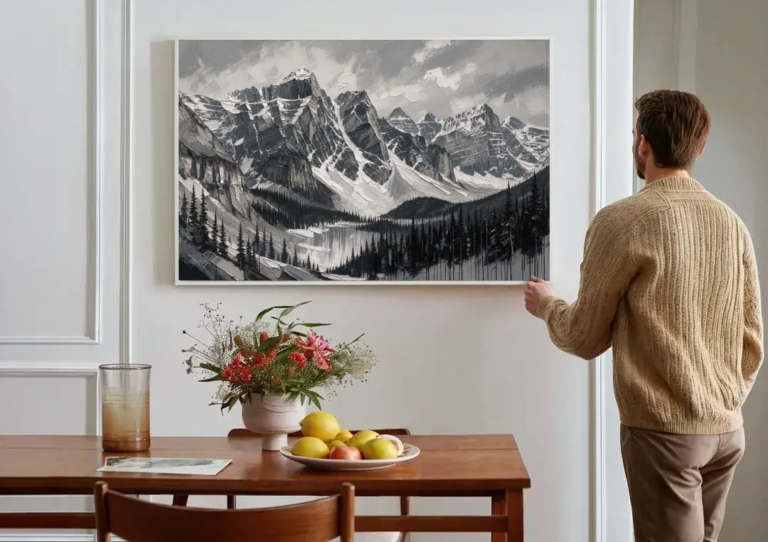 Black and White Landscape Wall Art of Alpine Peaks canvas wall art above a dining table