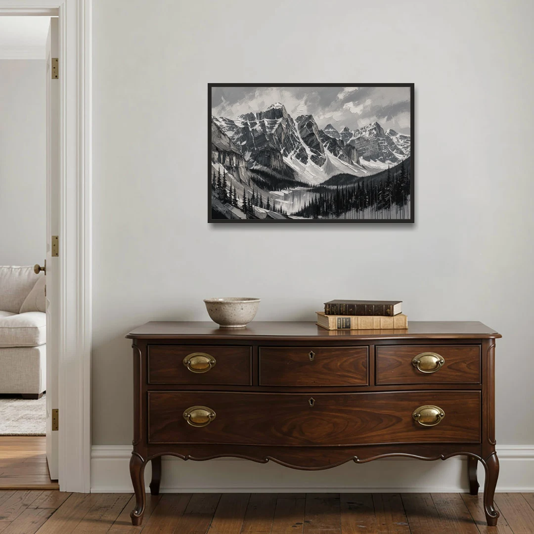 Black and White Landscape Wall Art of Alpine Peaks - Black Framed Canvas Wall Art - Coffee Table - 36x24