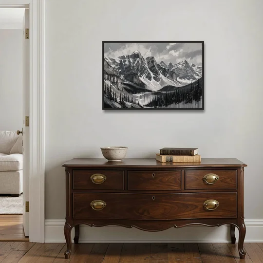 Black and White Landscape Wall Art of Alpine Peaks - Black Framed Canvas Wall Art - Coffee Table - 36x24