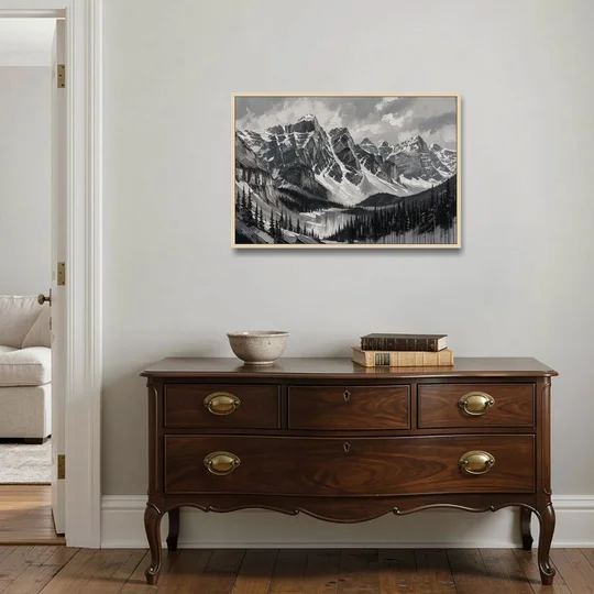 Black and White Landscape Wall Art of Alpine Peaks - Oak Framed Canvas Wall Art - Coffee Table - 36x24