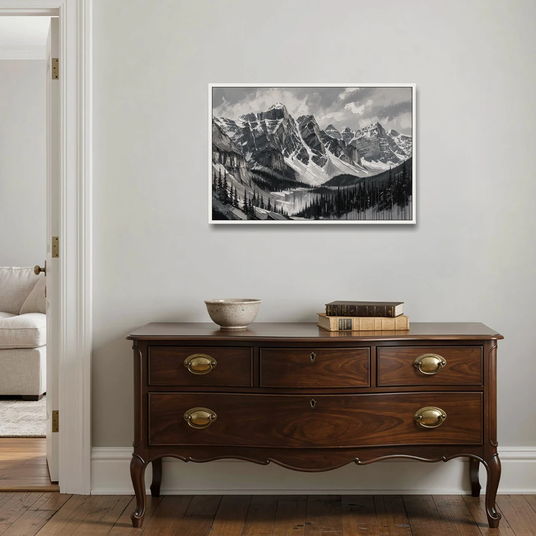 Black and White Landscape Wall Art of Alpine Peaks - White Framed Canvas Wall Art - Coffee Table - 36x24