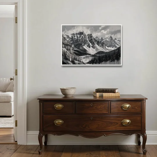 Black and White Landscape Wall Art of Alpine Peaks - White Framed Canvas Wall Art - Coffee Table - 36x24