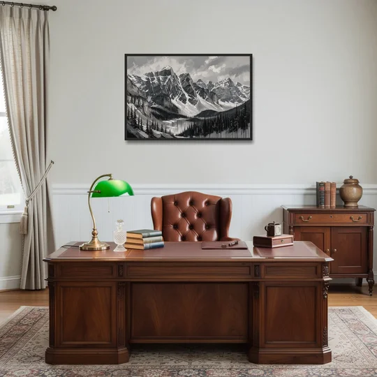 Black and White Landscape Wall Art of Alpine Peaks - Black Framed Canvas Wall Art - Office - 36x24