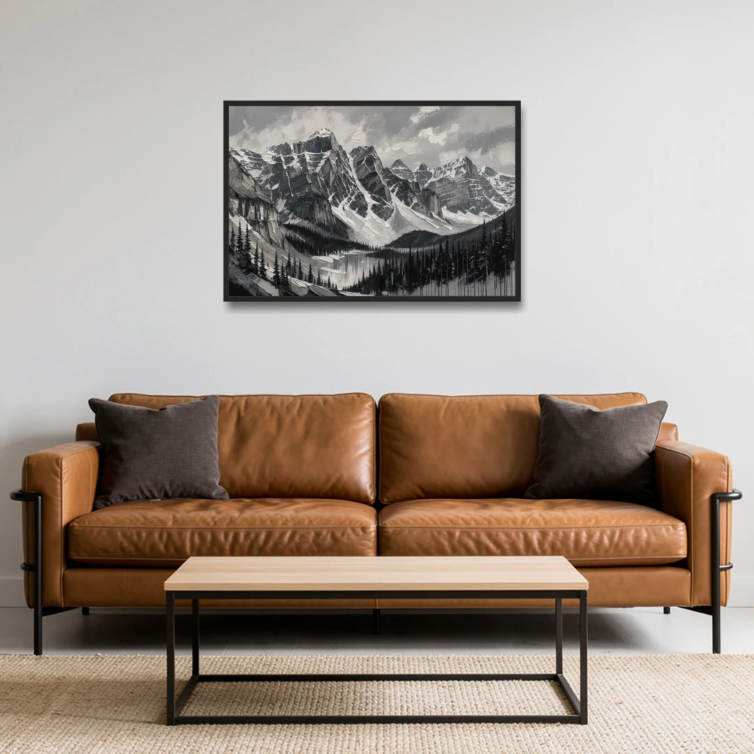Black and White Landscape Wall Art of Alpine Peaks - Black Framed Canvas Wall Art - Sofa - 36x24
