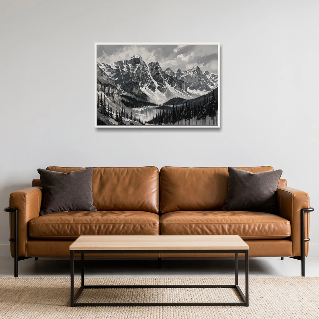 Black and White Landscape Wall Art of Alpine Peaks - White Framed Canvas Wall Art - Sofa - 36x24
