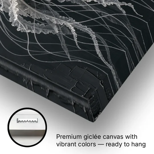 Black and White Moon Jellyfish in Dark Coastal Water - Canvas Wall Art - Gallery Wrap Corner