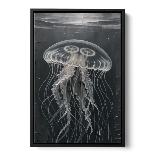 Black and White Moon Jellyfish in Dark Coastal Water - Black Framed Canvas Wall Art - Front