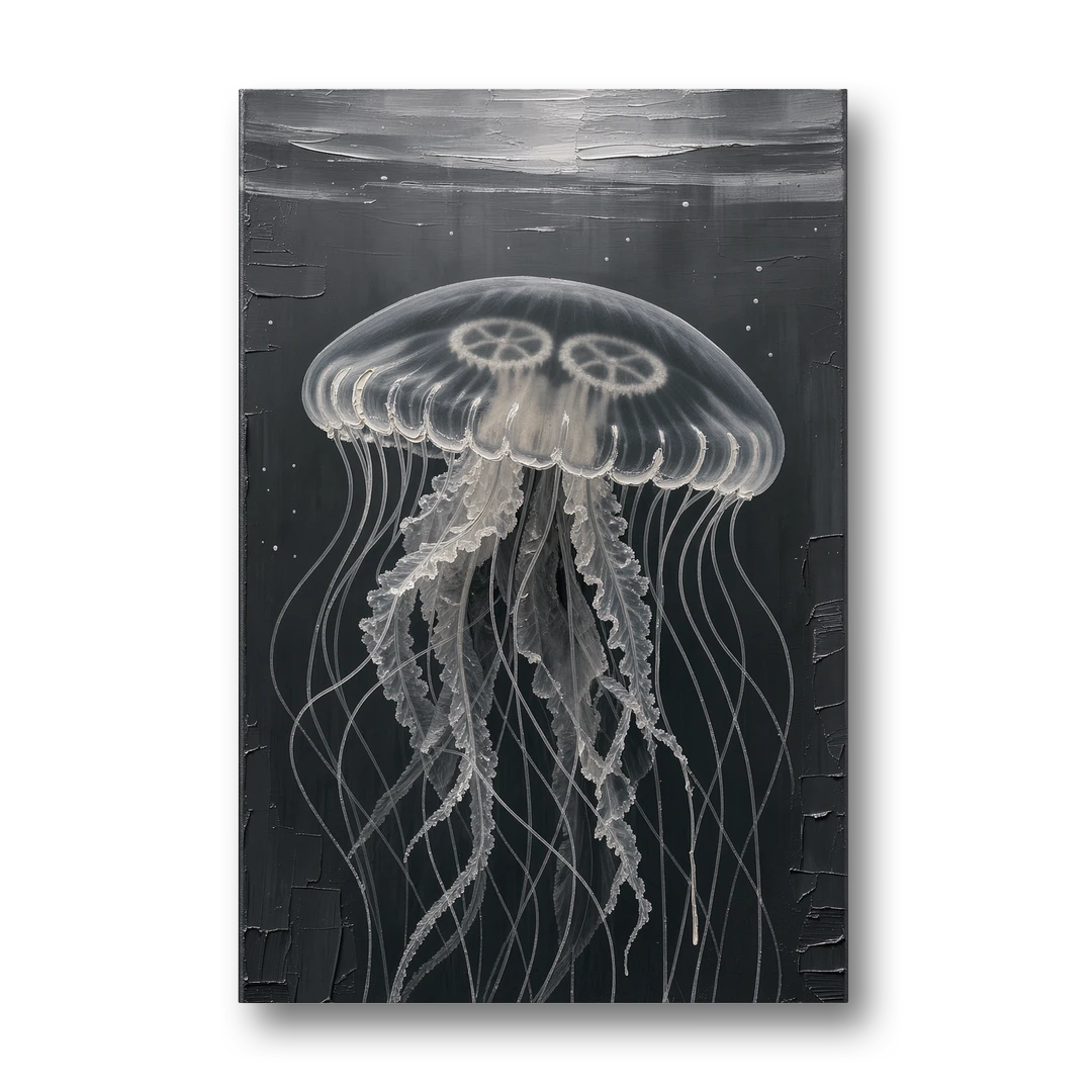 Black and White Moon Jellyfish in Dark Coastal Water - Canvas Wall Art - Front