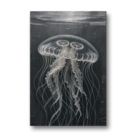 Black and White Moon Jellyfish in Dark Coastal Water - Canvas Wall Art - Front