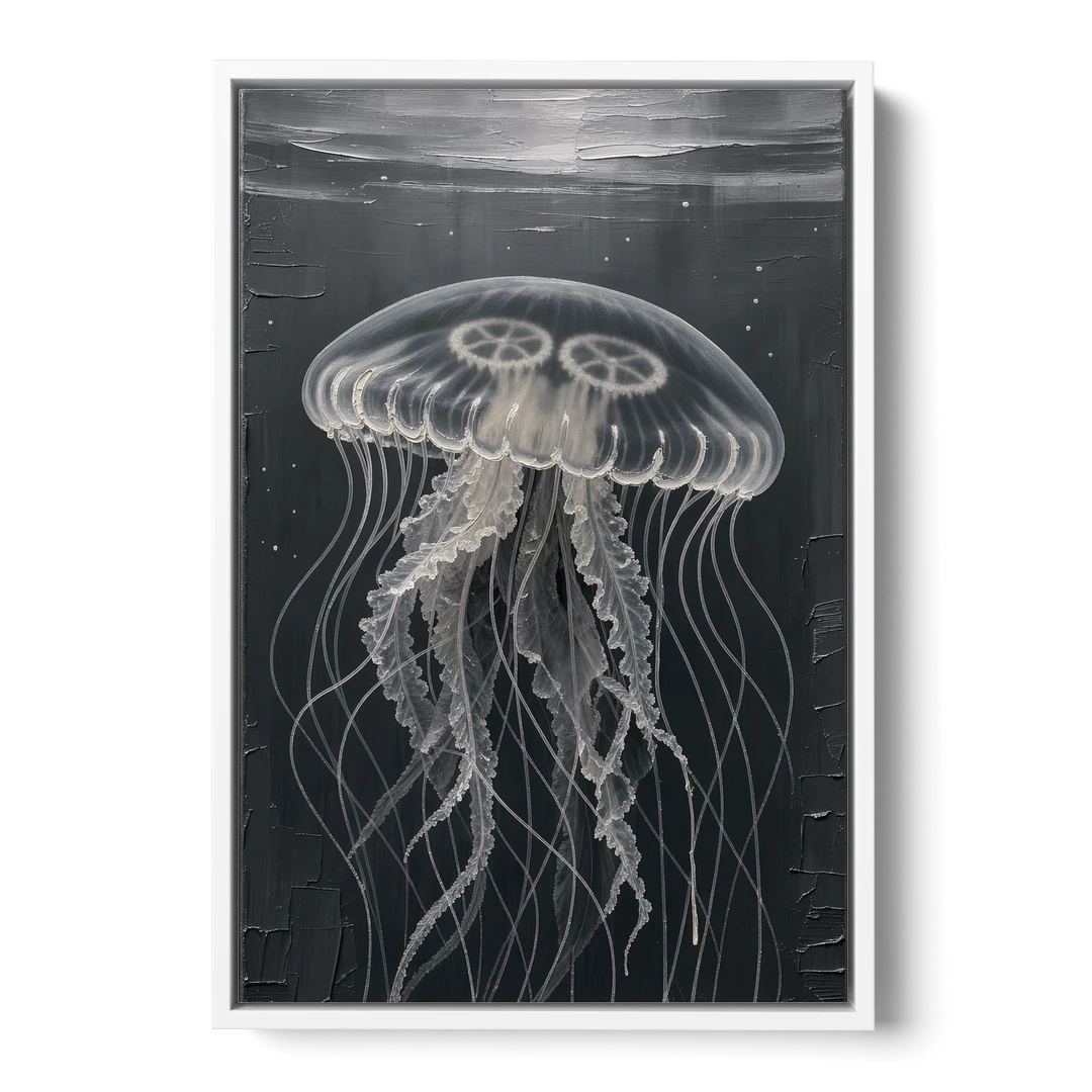 Black and White Moon Jellyfish in Dark Coastal Water - White Framed Canvas Wall Art - Front