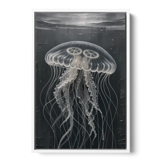 Black and White Moon Jellyfish in Dark Coastal Water - White Framed Canvas Wall Art - Front