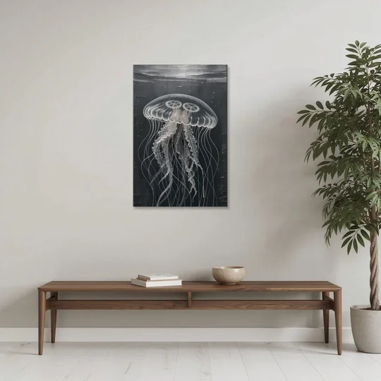 Black and White Moon Jellyfish in Dark Coastal Water - Canvas Wall Art - Coffee Table - 24x36