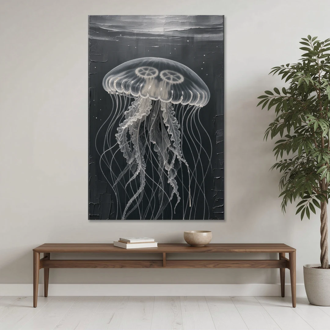 Black and White Moon Jellyfish in Dark Coastal Water - Canvas Wall Art - Coffee Table - 40x60