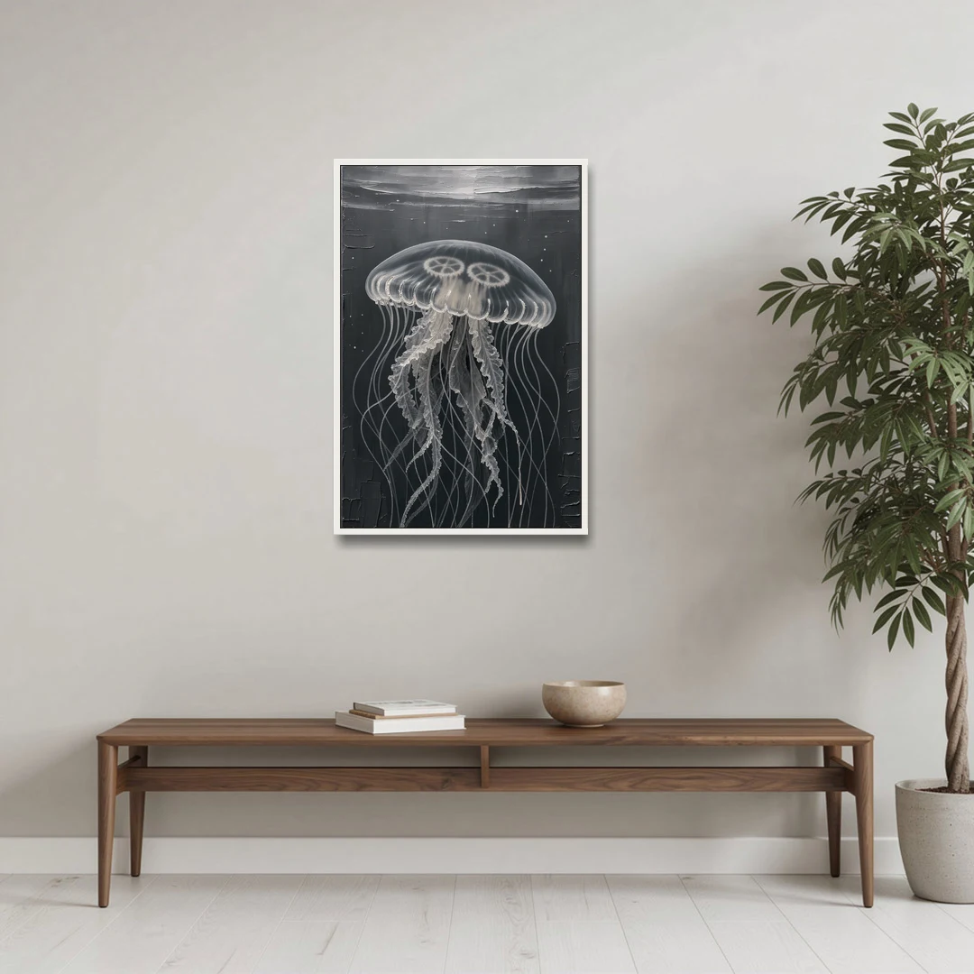 Black and White Moon Jellyfish in Dark Coastal Water - White Framed Canvas Wall Art - Coffee Table - 24x36