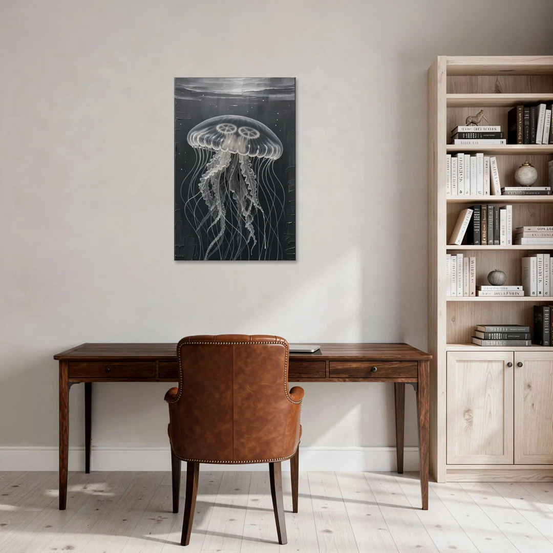 Black and White Moon Jellyfish in Dark Coastal Water - Canvas Wall Art - Office - 24x36