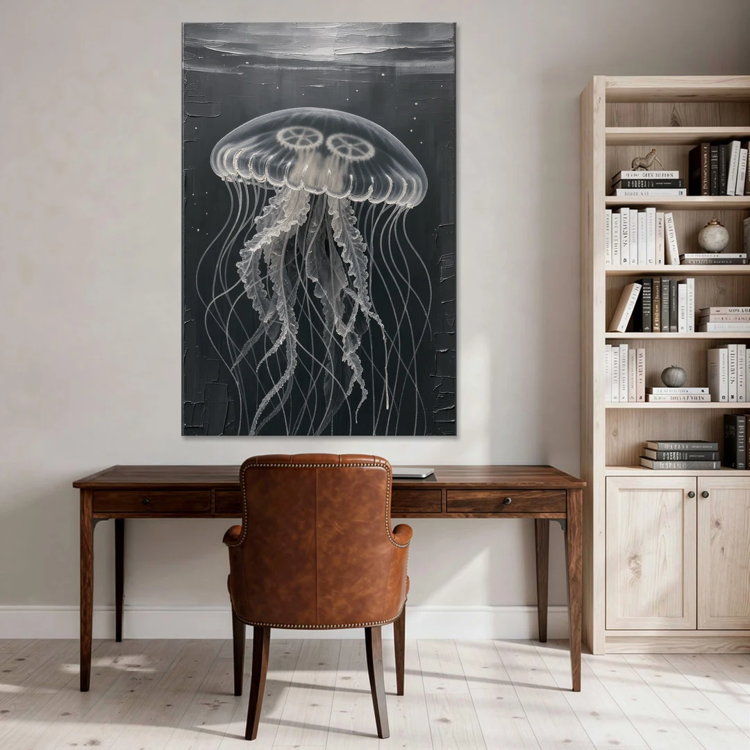 Black and White Moon Jellyfish in Dark Coastal Water - Canvas Wall Art - Office - 40x60