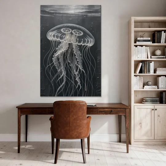 Black and White Moon Jellyfish in Dark Coastal Water - Canvas Wall Art - Office - 40x60