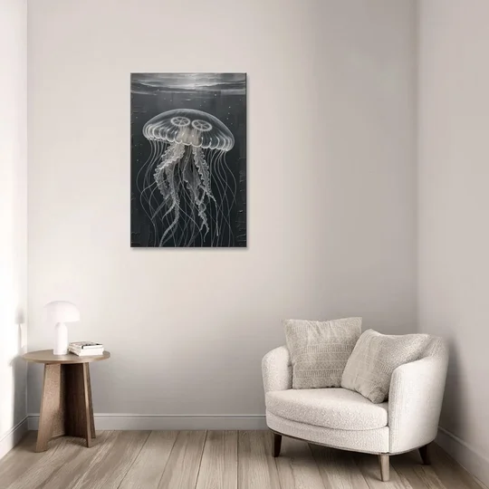 Black and White Moon Jellyfish in Dark Coastal Water - Canvas Wall Art - Sofa - 24x36