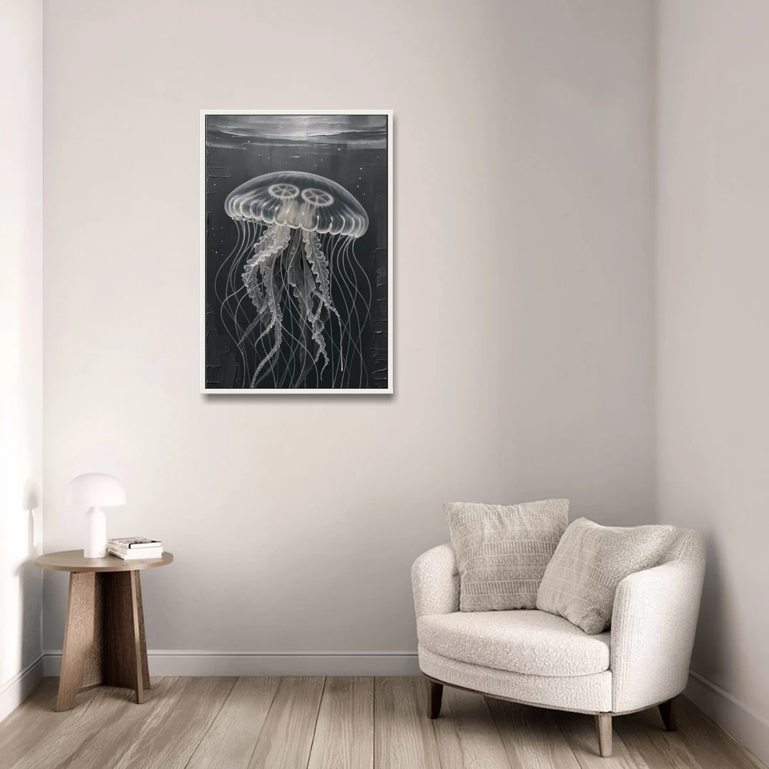 Black and White Moon Jellyfish in Dark Coastal Water - White Framed Canvas Wall Art - Sofa - 24x36