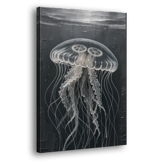 Black and White Moon Jellyfish in Dark Coastal Water - Canvas Wall Art - Side