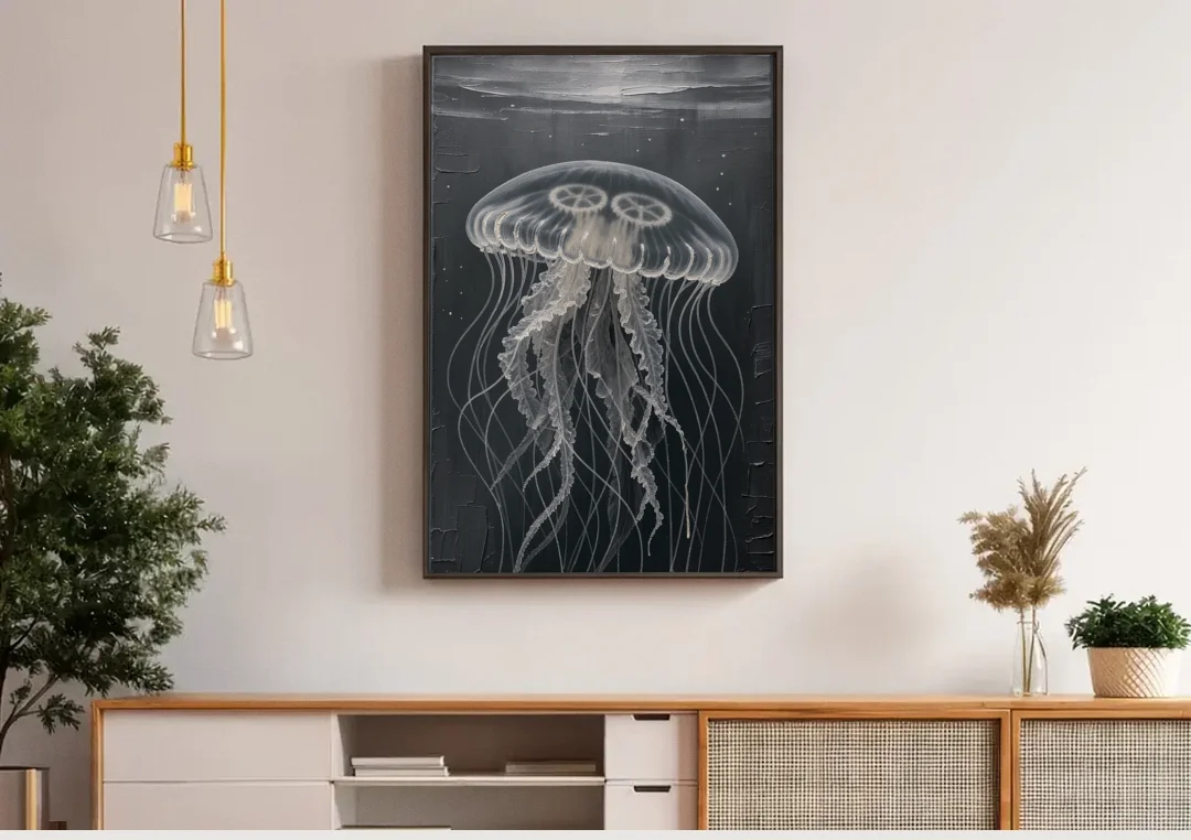 Black and White Moon Jellyfish in Dark Coastal Water canvas wall art above a wooden sideboard under pendant lights