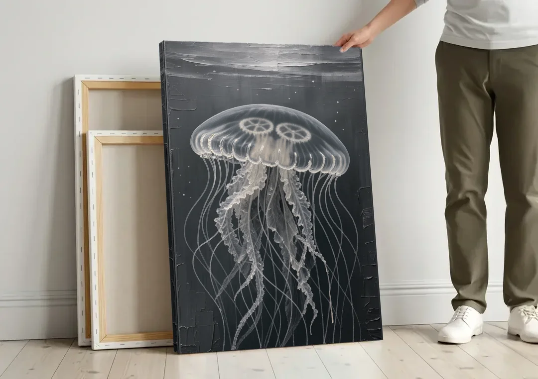 Black and White Moon Jellyfish in Dark Coastal Water canvas wall art leaning against a wall next to blank canvases