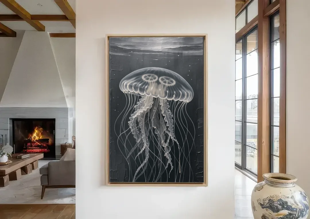 Black and White Moon Jellyfish in Dark Coastal Water canvas wall art in a living room with a fireplace