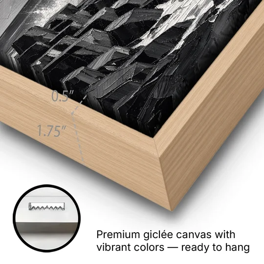 Black and White Paintings of a Crashing Wave - Oak Framed Canvas Wall Art - Gallery Wrap Corner