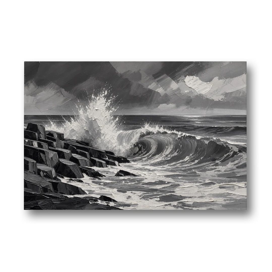 Black and White Paintings of a Crashing Wave - Canvas Wall Art - Front