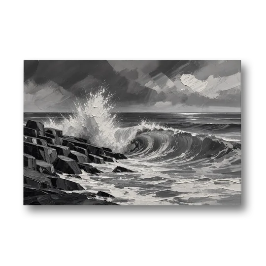 Black and White Paintings of a Crashing Wave - Canvas Wall Art - Front