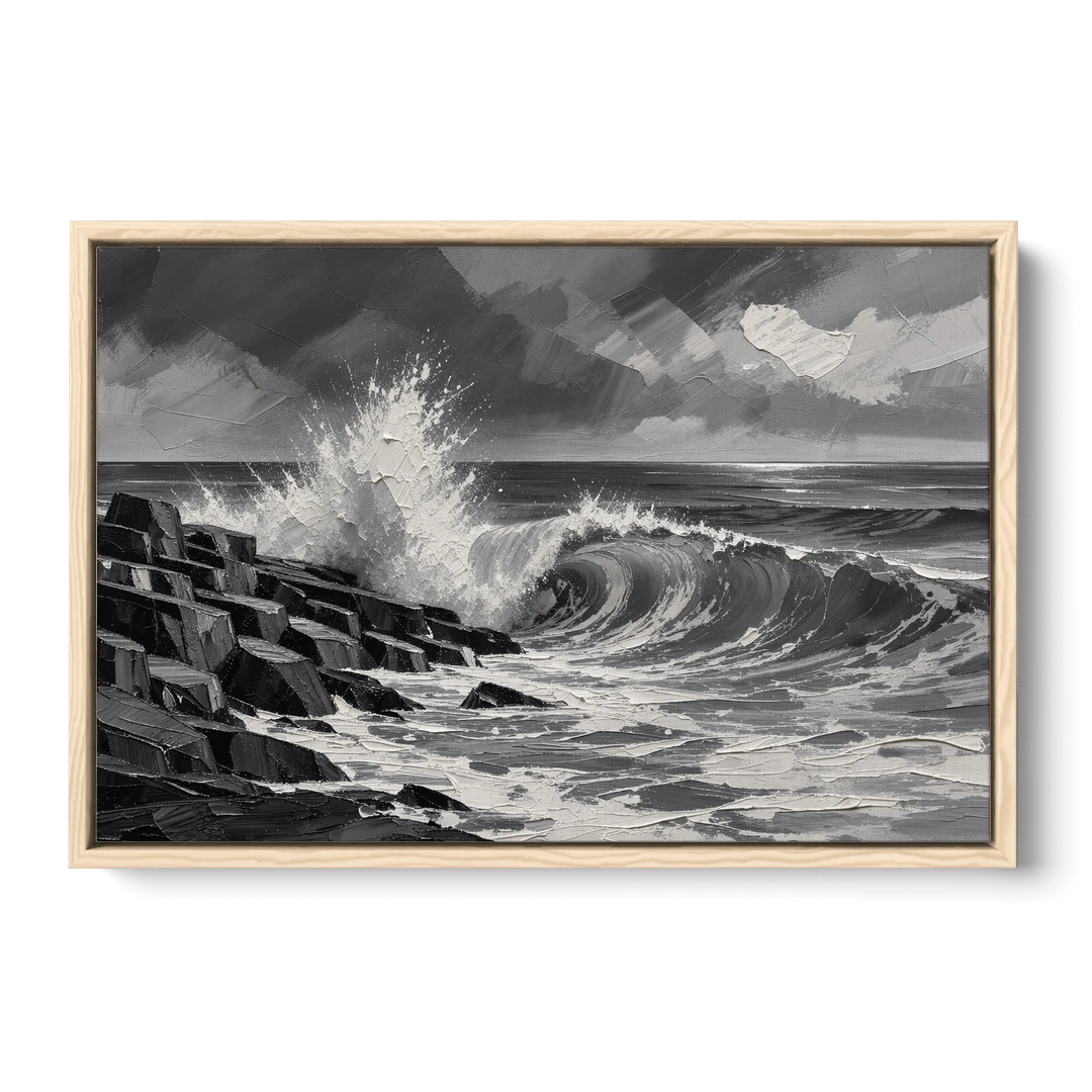 Black and White Paintings of a Crashing Wave - Oak Framed Canvas Wall Art - Front