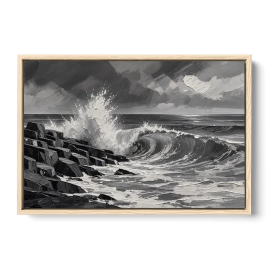 Black and White Paintings of a Crashing Wave - Oak Framed Canvas Wall Art - Front