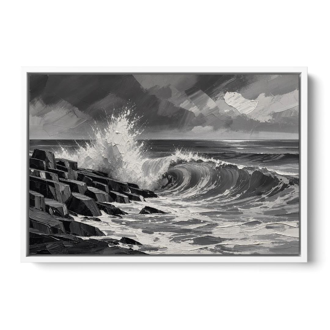 Black and White Paintings of a Crashing Wave - White Framed Canvas Wall Art - Front