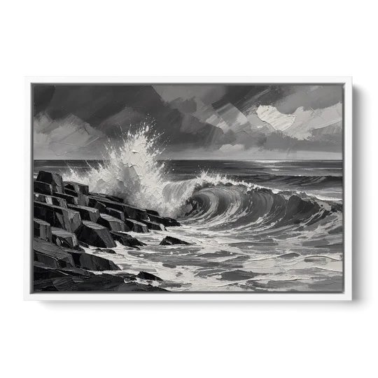 Black and White Paintings of a Crashing Wave - White Framed Canvas Wall Art - Front