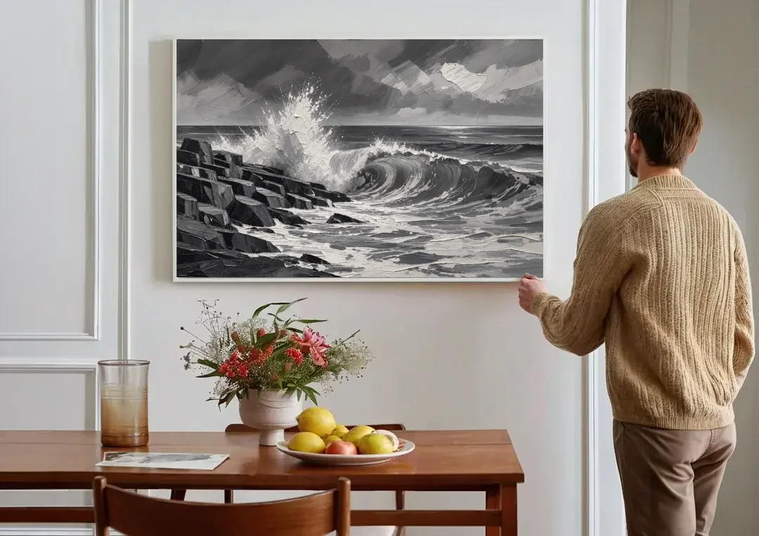 Black and White Paintings of a Crashing Wave canvas wall art above a dining table