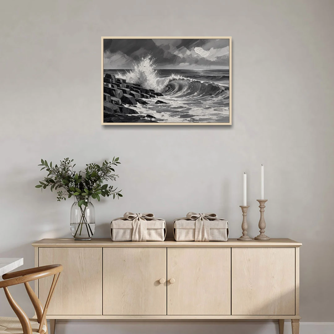Black and White Paintings of a Crashing Wave - Oak Framed Canvas Wall Art - Coffee Table - 36x24