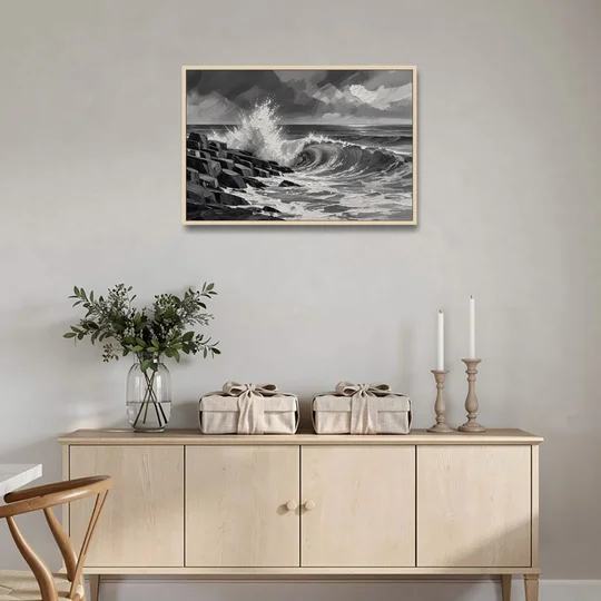 Black and White Paintings of a Crashing Wave - Oak Framed Canvas Wall Art - Coffee Table - 36x24